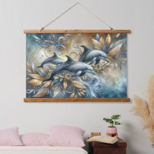 Elegant Dolphins with Golden Floral Waves Hanging Tapestry