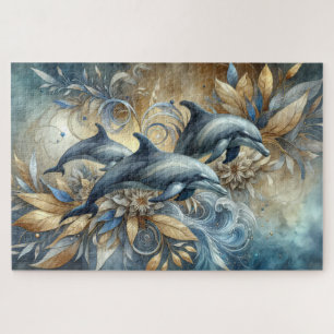 Elegant Dolphins with Golden Floral Waves Jigsaw Puzzle