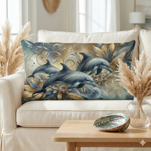 Elegant Dolphins with Golden Floral Waves Lumbar Cushion