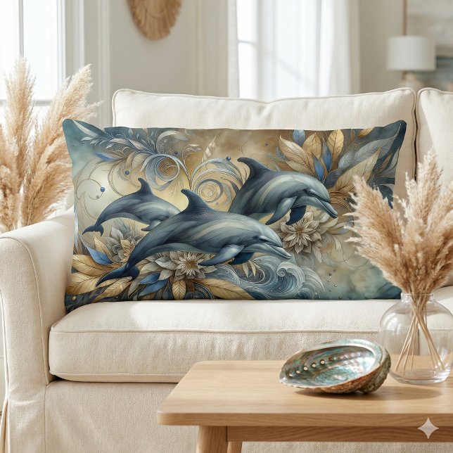 Elegant Dolphins with Golden Floral Waves Lumbar Cushion (Elegant Dolphins with Golden Floral Waves Lumbar Pillow Mockup A)