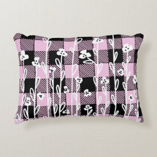 Elegant doodle black pink floral plaid pattern decorative cushion
