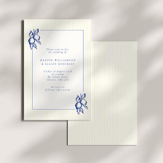 Elegant Doodle Blue Lemons & Stripes Wedding Invitation