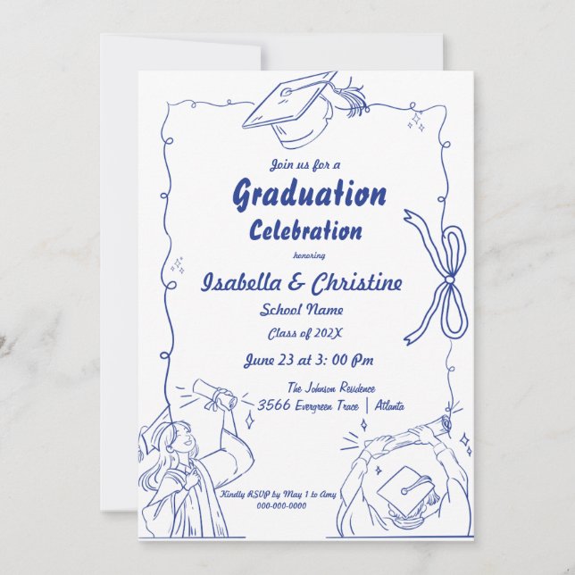 Elegant Doodle Style Hand Drawn Graduation  Invitation (Front)