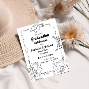 Elegant Doodle Style Hand Drawn  Twin Graduation  Invitation