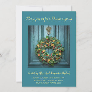 Elegant Door And Wreath Holiday Christmas Party Invitation