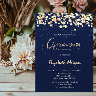Elegant Dots, Confetti Navy Blue Quinceañera Invitation