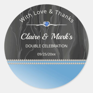 Elegant Double Birthday With Love and Thanks Blue  Classic Round Sticker