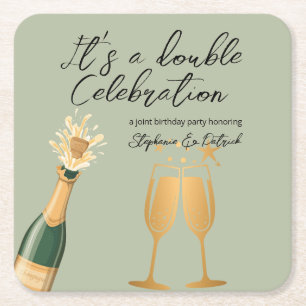 Elegant Double Celebration Green Joint Birthday Square Paper Coaster