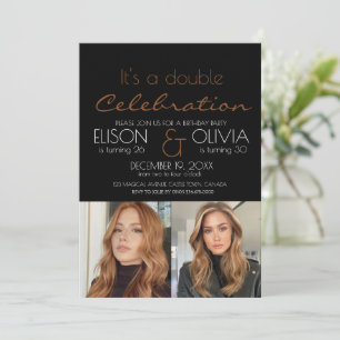 Elegant Double Celebration Photo black Birthday Invitation