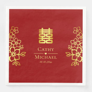 Elegant double happiness Chinese wedding floral Napkin