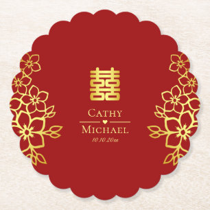 Elegant double happiness Chinese wedding floral Paper Coaster