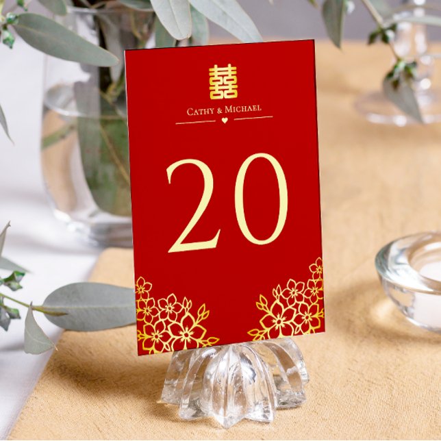 Elegant double happiness Chinese wedding floral  Table Number (Creator Uploaded)