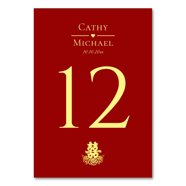 Elegant double happiness rose Chinese wedding Table Number (Front)