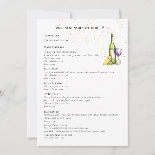 Elegant Double Sided MENU Template Wine Cheese (Front)