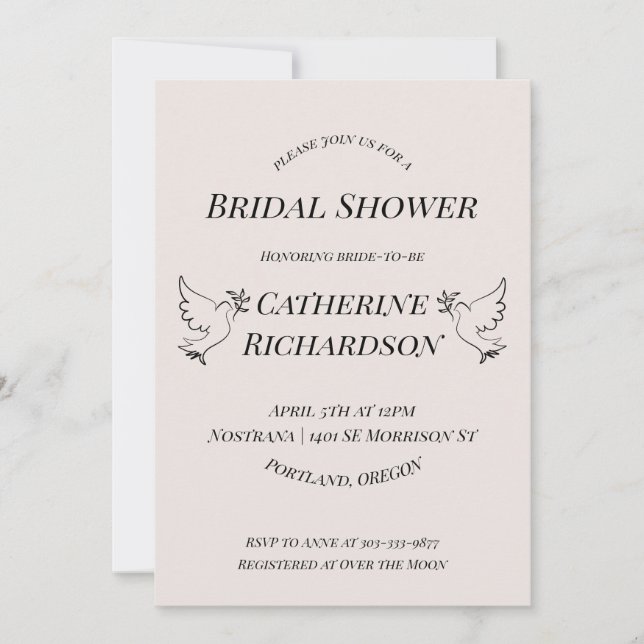 Elegant Dove Bridal Shower Invitation (Front)