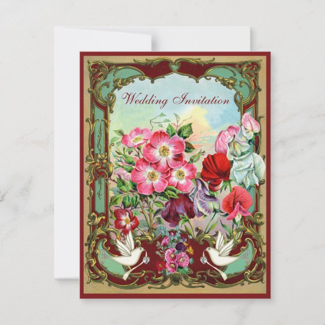 Elegant Doves & Vintage Flowers Wedding Invitation (Front)