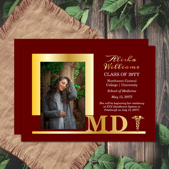 Elegant Dr MD Caduceus Photo Graduate Maroon (Elegant Doctor "MD" Caduceus Photo Graduate Maroon and Gold Foil Graduation Announcement)