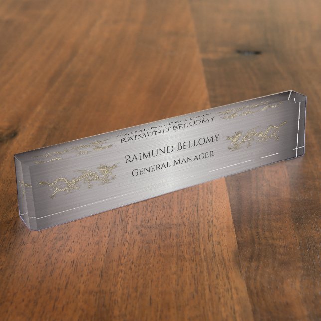 Elegant Dragon Silver Metallic Desk Nameplate (Side)