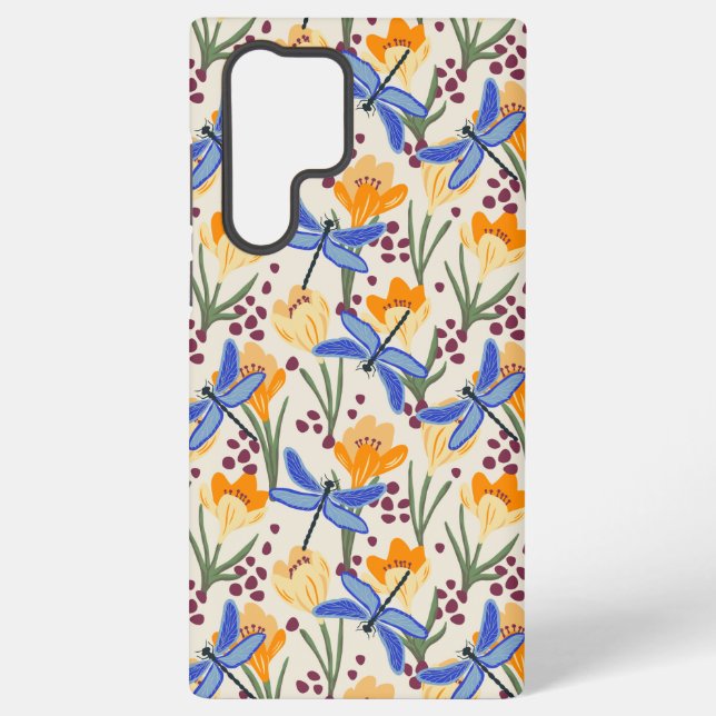 Elegant Dragonfly and Crocus floral Pattern Samsung Galaxy S22 Ultra Case (Back)