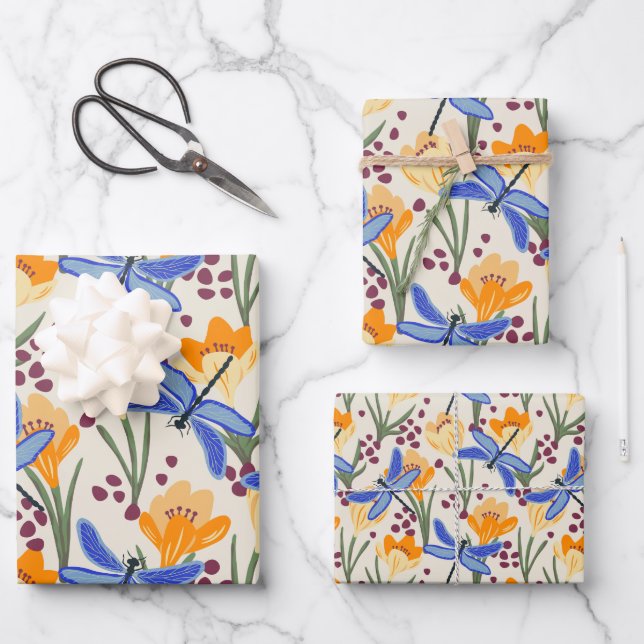Elegant Dragonfly and Crocus floral Pattern Wrapping Paper Sheet (Front)