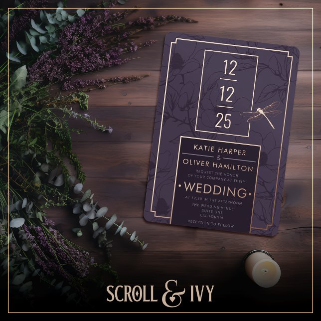 Elegant Dragonfly & Modern Floral Foil Invitation (Creator Uploaded)