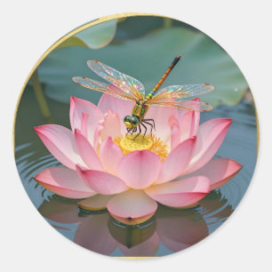 Elegant Dragonfly Pink Lotus Art Nouveau Frame Classic Round Sticker