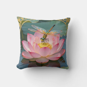 Elegant Dragonfly Pink Lotus Art Nouveau Frame Cushion