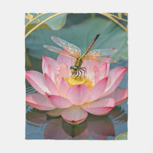 Elegant Dragonfly Pink Lotus Art Nouveau Frame Fleece Blanket