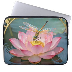 Elegant Dragonfly Pink Lotus Art Nouveau Frame Laptop Sleeve