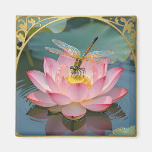 Elegant Dragonfly Pink Lotus Art Nouveau Frame Magnet