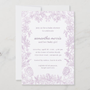 Elegant Drawn Floral Lavender Baby Shower Invitation
