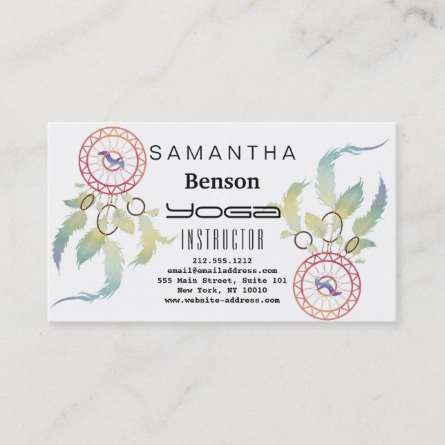 Elegant  Dream Catcher Feathers Yoga Instructor Business Card (Front)