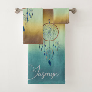 Elegant dreamcatcher o blue brown personalised bath towel set