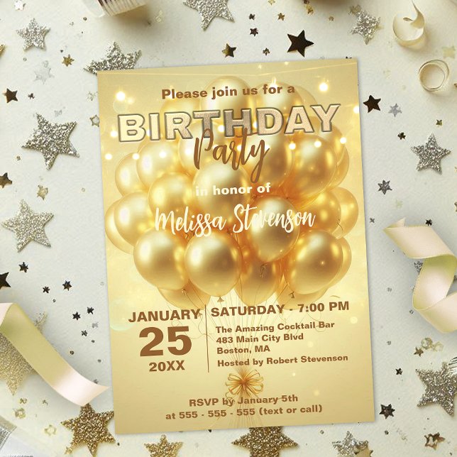 Elegant Dreamy Lights Gold Balloons Birthday Party Invitation (Creator Uploaded)