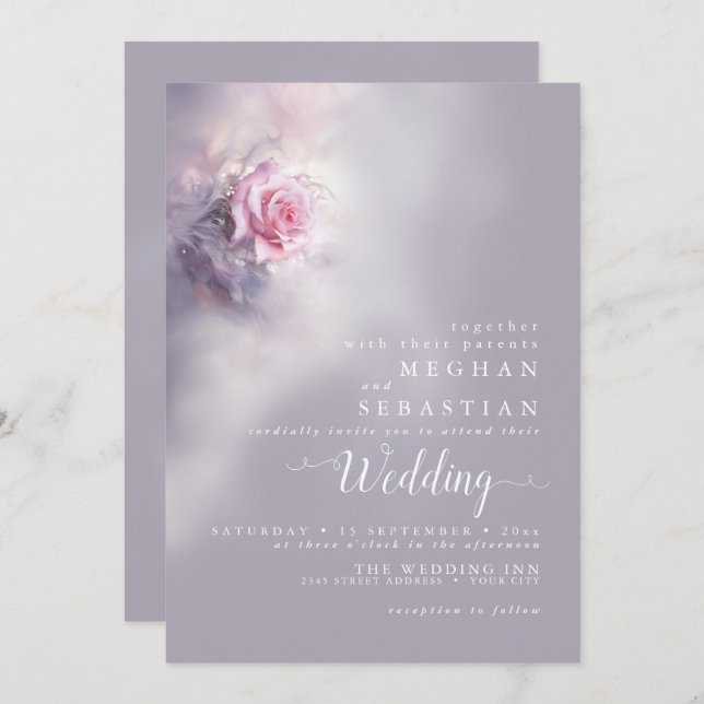 Elegant Dreamy Pink Rose on Dusty Lilac  Invitation (Front/Back)