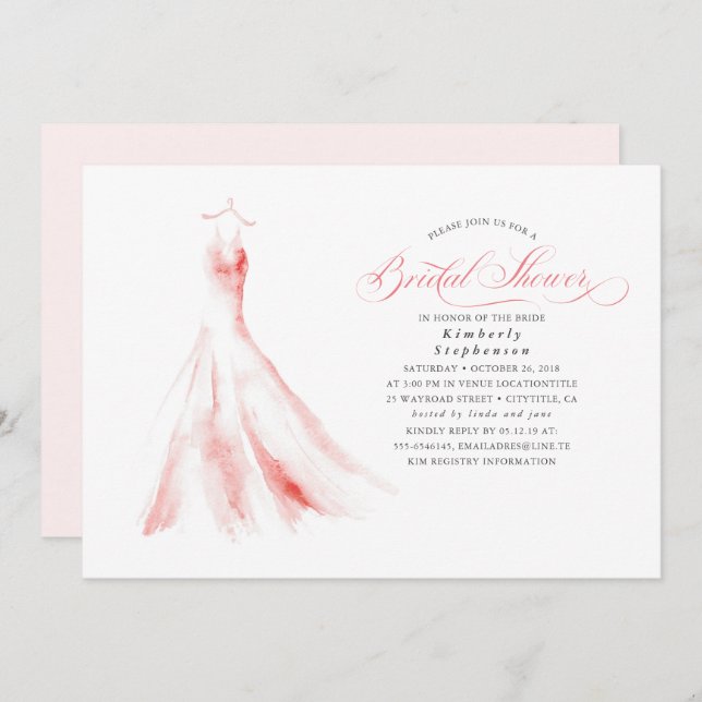 Elegant Dreamy Pink Wedding Dress Bridal Shower Invitation (Front/Back)