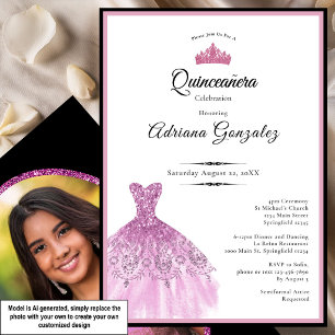 Elegant dress 15th birthday pink Quinceanera Invitation