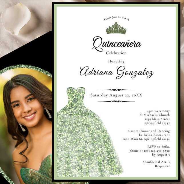 Elegant dress 15th birthday sage green Quinceanera Invitation (Creator Uploaded)