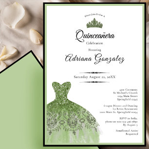 Elegant dress 15th birthday sage green Quinceanera Invitation