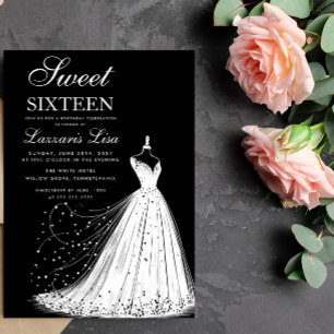Elegant Dress Black Sweet Sixteen 16 Birthday Invitation
