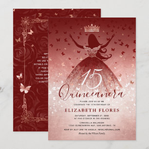 Elegant Dress Burgundy Rose Gold Pink Quinceanera Invitation