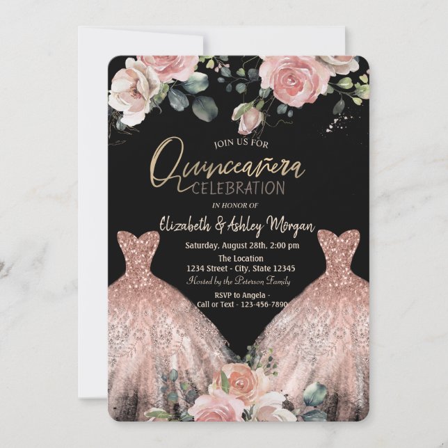  Elegant Dress Chic Roses Quinceanera Invitation (Front)