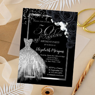 Elegant  Dress,Confetti Black Roses 50th Birthday  Invitation