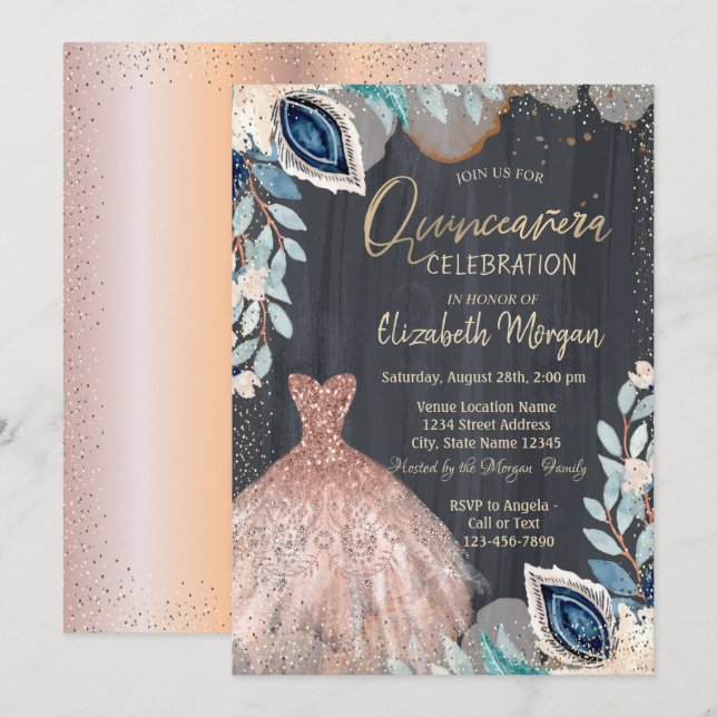 Elegant Dress,Confetti Feather Quinceañera Party Invitation (Front/Back)