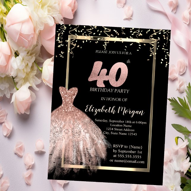 Elegant  Dress,Confetti Rose Gold 40th Birthday Invitation (Creator Uploaded)