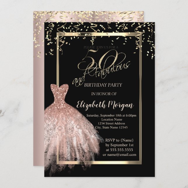 Elegant  Dress,Confetti Rose Gold 50th Birthday Invitation (Front/Back)
