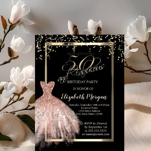 Elegant Dress,Confetti Rose Gold 50th Birthday Invitation