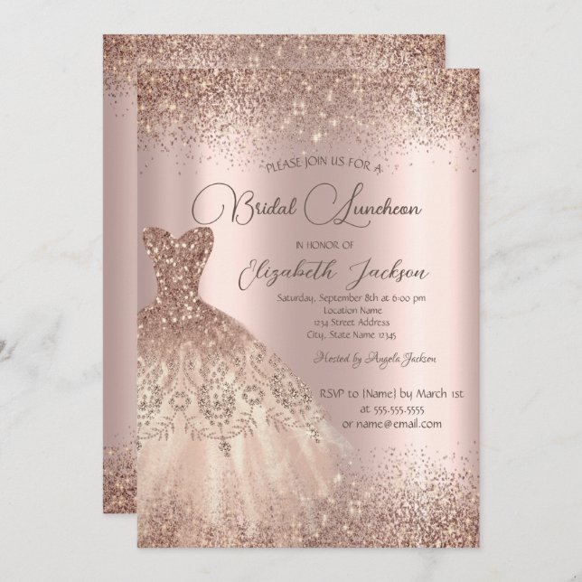 Elegant Dress Confetti Rose Gold Bridal Luncheon  Invitation (Front/Back)