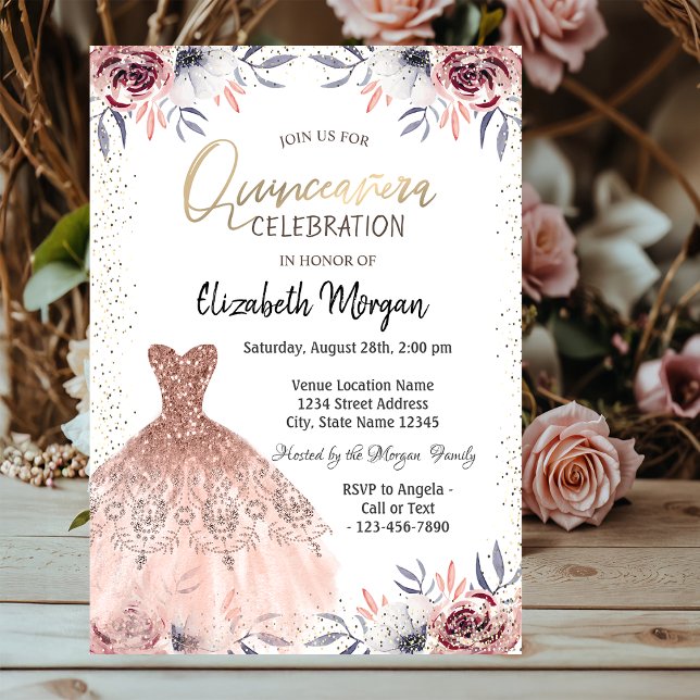 Elegant Dress,Confetti Roses Quinceañera  Invitation (Creator Uploaded)