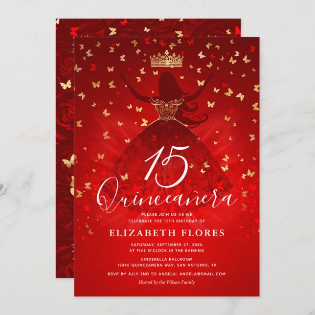 Elegant Dress Crown Red and Gold Quinceanera Invitation (Front/Back)
